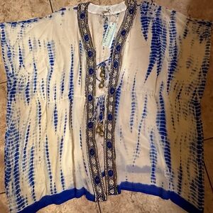 RUNWAY SWIMWEAR BLUE WHITE SHEER BEADED SWIM COVERUP. SIZE LARGE. GORGEOUS